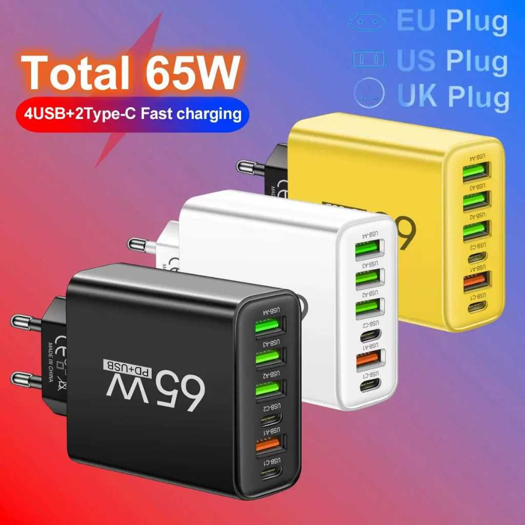 Foto Tanpa Merek Charger USB 6 Port QC 3.0 65W Fast Charging 1 Input EU